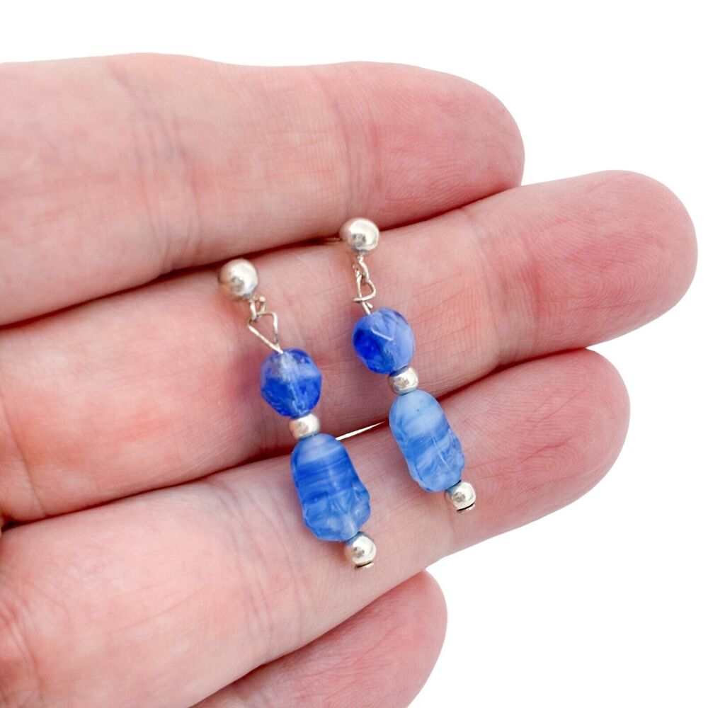 Vintage Sterling Silver 925 Blue Glass Bead Drop Earrings